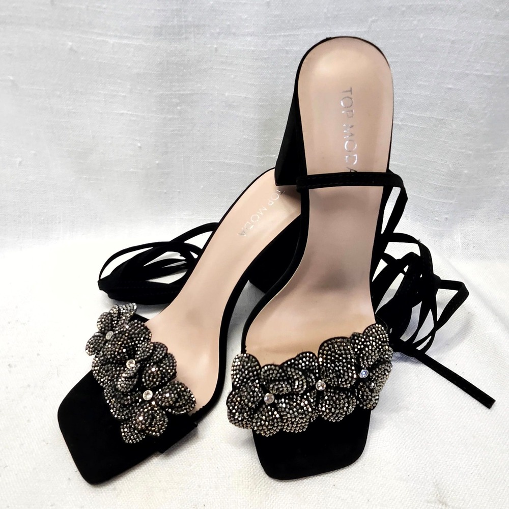 Top Moda Block Heel Sandals Womens 8.5 Black Rhinestone Lace Up Dressy Shoes